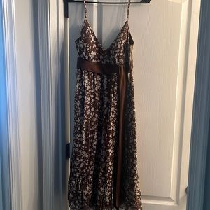 Brown and white spaghetti straps dress with silk brown bow tie